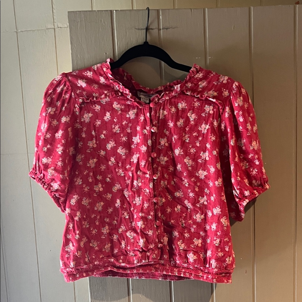 American Eagle Red Floral Blouse Sz XL Button Details